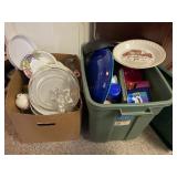Tote & Box Full of Kitchenware Dishes Etc