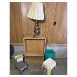 Table, Lamp, Stools & Trash cans
