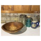 Wood Dough Bowl & Misc Cups