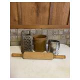 Primitive Kitchenware Rolling Pin Sifter Grater