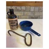 Beer Jug Enamel Pan And Primitive Hay Hook
