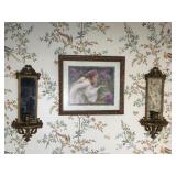 Framed Artwork & Pair of Mirrored Wall Candle