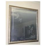 Framed Wall Mirror with Etched Bird Details