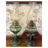 Green Glass Oil Lamps with Queen of Hearts Pattern