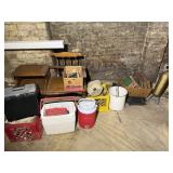 Coolers, Crates, Pots, Books, Table, Etc.