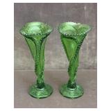 Green Glass Twisted Pennsylvania Pattern Vases