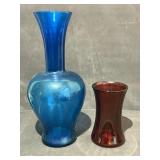Cobalt Blue Glass Vase & Ruby Red Flared Top Vase
