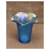 Blue Ruffled Iridescent Carnival Glass Vase