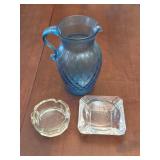 Blue Glass Pitcher & Ashtrays