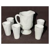 Milk Glas Harvest Grape Pattern Pitcher & Tumblers