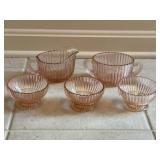 Pink Depression Creamer, Sugar & Serving Bowls