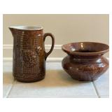 Brown Glazed Pitcher & Spittoon