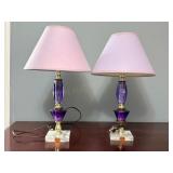 Pair of Stacked Purple Glass Lamps with Marble
