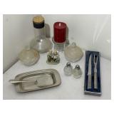 Glass Decanter & Candy Dishes, Knife Set, Etc.