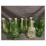 18 GREEN AND CLEAR GLASS VASES