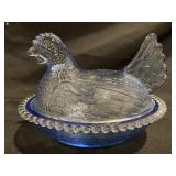 BLUE GLASS HEN ON NEST CANDY DISH