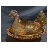 AMBER GLASS HEN ON NEST CANDY DISH