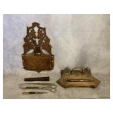 VINTAGE INKWELL SET, WALL POCKET, & LETTER OPENERS