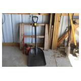 Bottle jack, shovel, wood