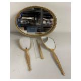 Vintage Gold-Tone Vanity Set with Mirror, Brush, a