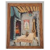 Framed Painting with Rustic Interior Scene