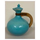 Vintage Turquoise Jug with Wooden Handle