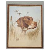 Signed Dog and Birds Artwork in Wooden Frame