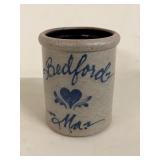 Vintage Bedford MA Blue Decorated Stoneware Crock