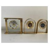 Set of Three Elegant Brass and Glass Table Clocks