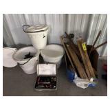 Ice fishing tip ups, tackle and foam buckets