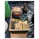 Vintage wood boxes, and bottle bottles
