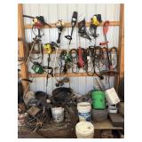 Weedeater, hedge, trimmer, cable, and wall