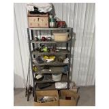 Fishing reels, rods and shelf with contents