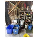 Wooden shelf and SE garage wall contents