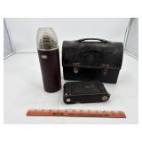 Vintage lunch pale, glass top thermos and Kodak