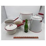 Enamelware red trim & 7up bottle