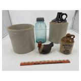 Crocks and blue ball Jar