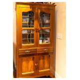 CHINA CABINET W/ PARTIALLY STAINED CHURCH GLASS