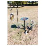 METAL BIRD BATH WITH YARD ORNAMENTS
