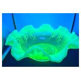 Uranium Glass Bowl with Rose Pattern and Ruffled E
