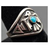 Sterling Silver Thunderbird Ring with Turquoise Ac
