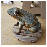 Painted Cast Iron Frog Sculpture on Wood Pallet Ba