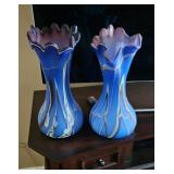 Pair of Blue Art Glass Vases with Ruffled Rim
