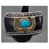 Silver-Tone Belt Buckle with Turquoise Inlay and H