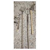 Lot of Garden Tools including Forks and Axe