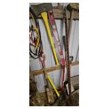 Assorted Hand Tools including Axes, Shovels, Level