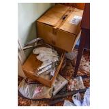 2 SHELVES OF SEWING ACCESSORIES & 4 BOXES OF FABRC
