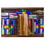 WOOD SHELF W/VHS, FABRIC, THREAD