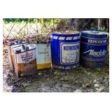 VTG METAL CANS - 2 KEROSENE, 2 TIMBER OIL, 1 OIL