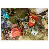 VARIOUS TOOLS - 4 GAS JUGS, BENCH GRINDER, SAWS